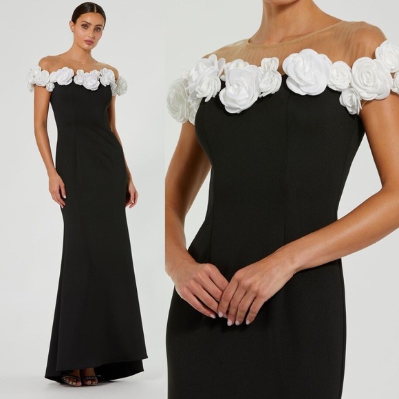 Mac Duggal Dresses & Skirts - Mac Duggal NEW Black‎ & White Stretch Crepe Mermaid Gown With 3D Flowers Size 16